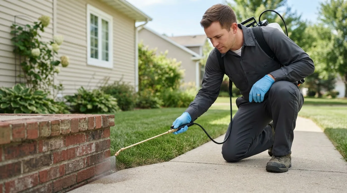 Pest control technician treating a home near Burlington, ME